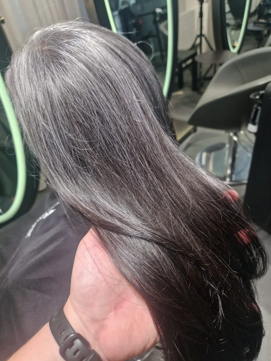 Kundin im Salon Klusplatz: lange Haare auf der Hand, Silbergrau geht fliessend in dunkle, glänzende Spitzen über