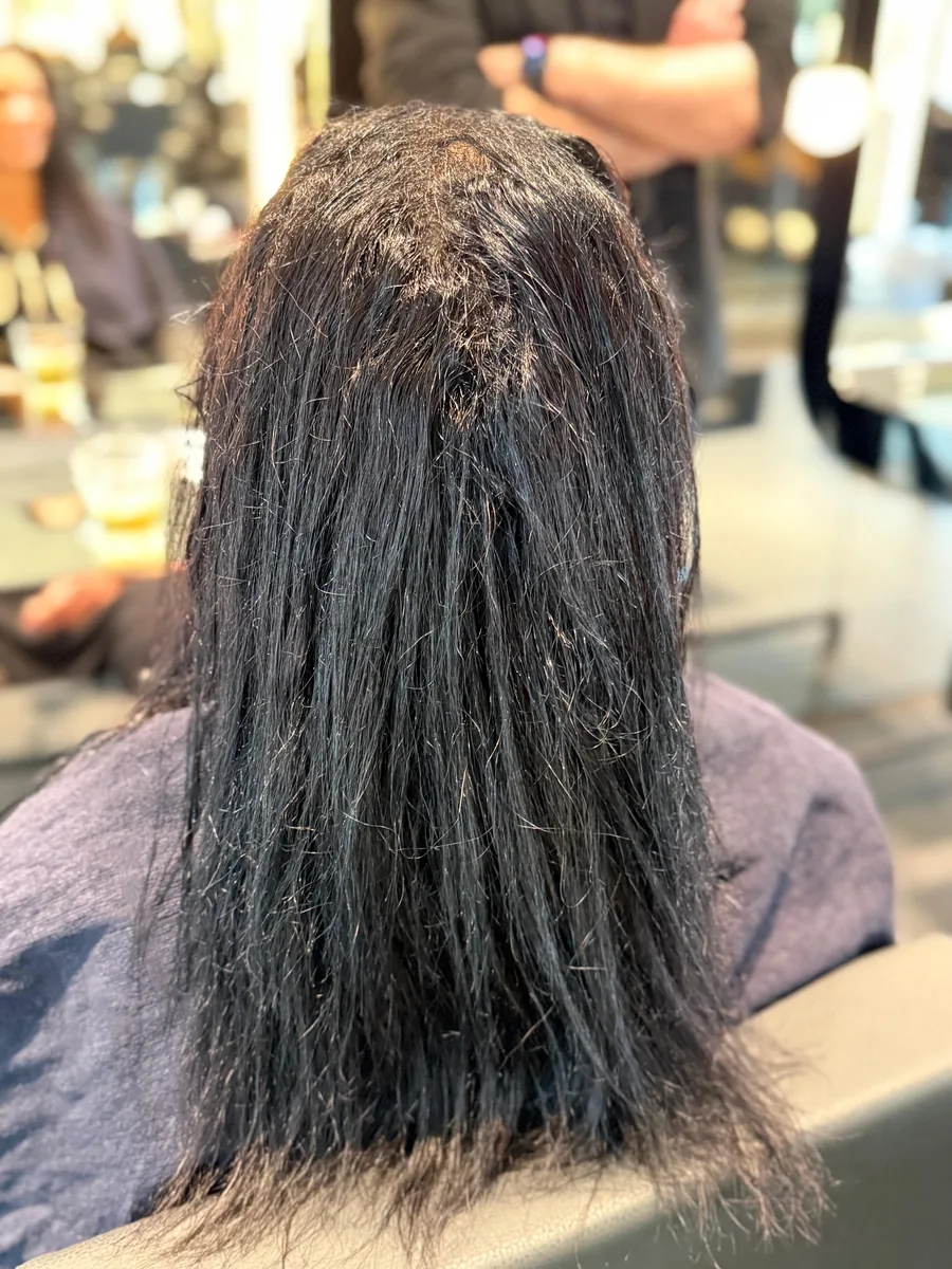 Dunkles Haar vor der Keratinbehandlung: kraus, strähnig und trocken